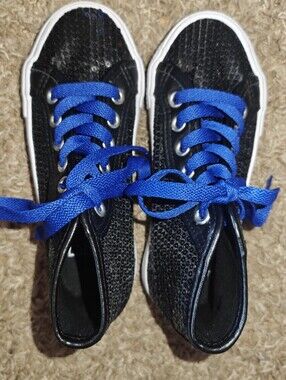 Double Platinum Kids Black Sequined High-Top Sneakers with Blue Laces